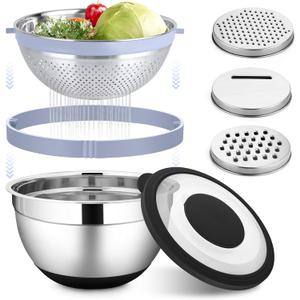 HaWare Mixing Bowl with Colander, 4-1 Stainless Steel Bowl Set with Lids & 3 Pcs Nesting Graters, Rotatable Food Strainer for Rinsing Fruits Vegetables, Non-Slip Bottom, Black