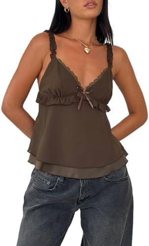 Womens Sexy Lace Camisole Tank Tops Y2k Slim Fit Corset Going Out Streetwear Ruffle Hem Spaghetti Strap Cami Tops, S
