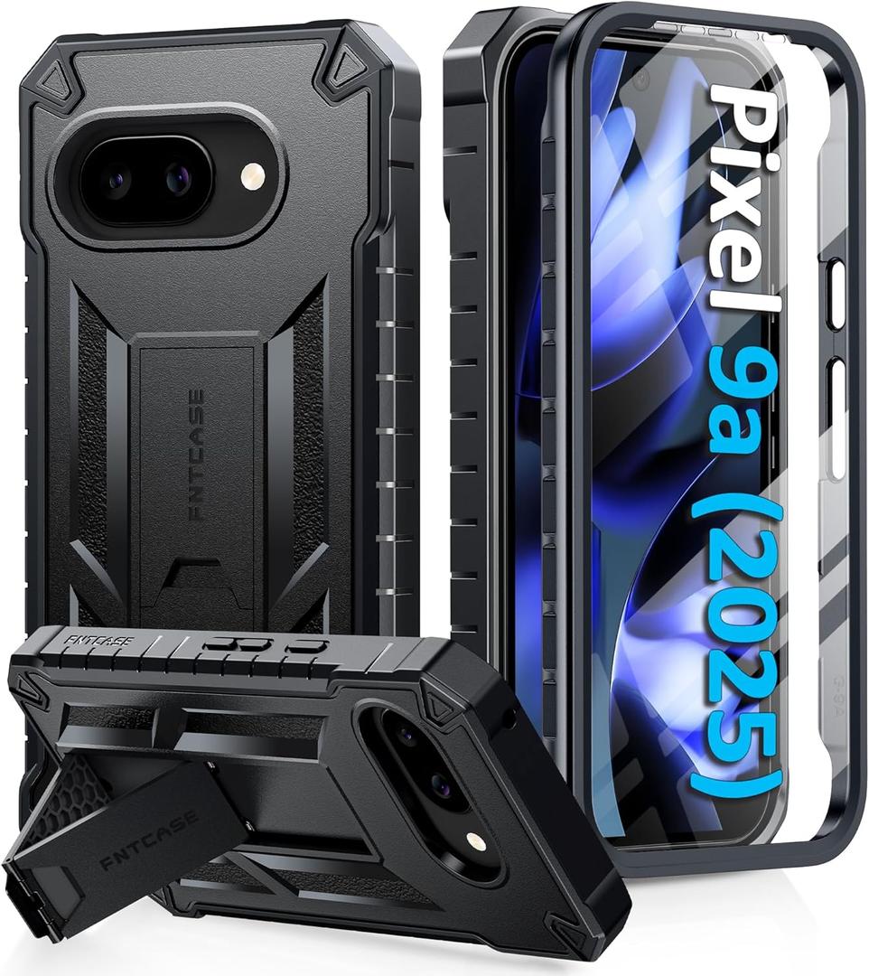 FNTCASE for Google Pixel 9A Case: Military Grade Drop Proof Protection Mobile Cover with Kickstand | Matte Textured Rugged Shockproof TPU | Protective Sturdy Phone Case - Black