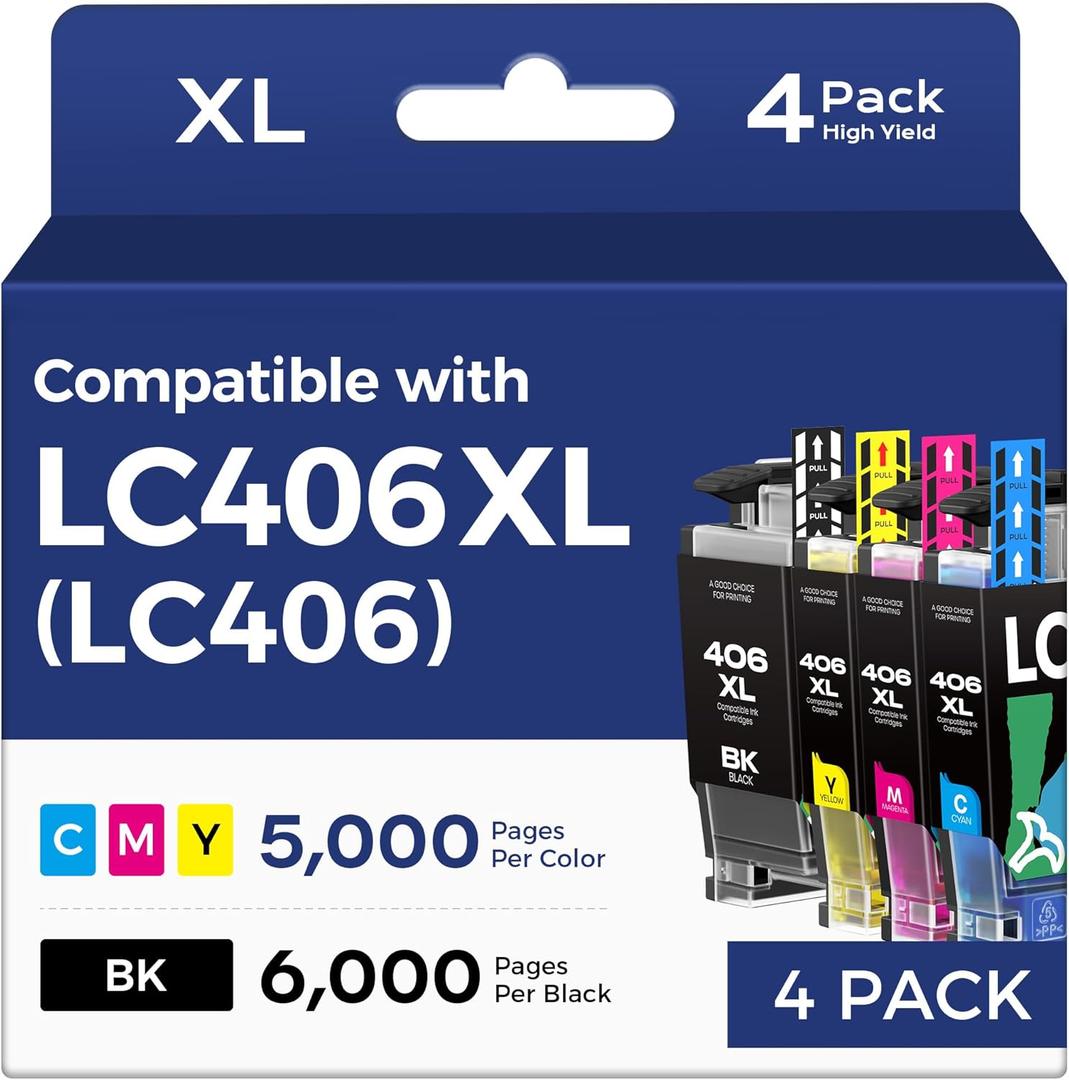 LC406XL Ink Cartridges for Brother Printer for LC406XL LC406 LC 406XL for Brother LC406 Ink Cartridges Compatible with MFC-J4335DW,MFC-J5855DW,MFC-J4535DW,MFC-J6555DW Printer (4 Pack)
