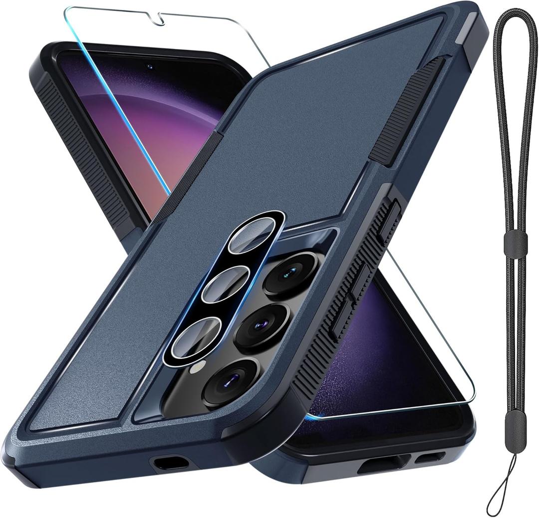 RMOCR Case for Samsung Galaxy S25, Full Body Heavy Duty Rugged Shockproof Protective Phone Cover with Lanyard Strap, Tempered Glass Screen Protector and Camera Lens Cover, Navy Blue