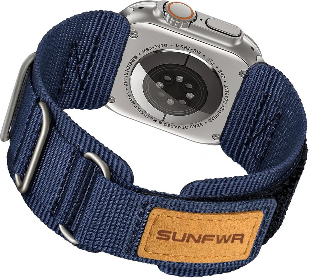 SUNFWR Rugged Nylon Band for Apple Watch Ultra 2&1 49mm 46mm 45mm 44mm 42mm Men, Velcro Tactical Military Strap for iWatch Series 10/9/8/7/6/5/4/3/2/1/SE (Blue/Titanium)