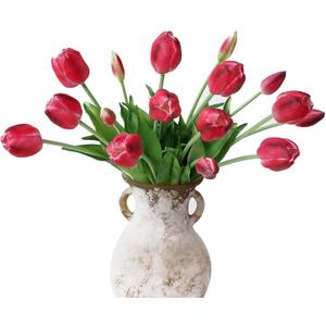 Mizii 15Pcs Red Tulips Artificial Flowers Latex Plastic Real Touch Fake Tulips Flowers Look Real Faux Tulip Flower Bouquet Decoration for Vase Room Table Centerpieces Home Decor (Red)