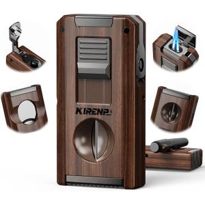 5-In-1 Multi-Torch Lighter with Auto-Pop Straight & V Dual Cutters, Dual Jet Flames, Punch, Holder, with Gift Box for Men, Refillable Butane Cool Lighters for Candle, Camping, Travel (Woodgrain Gray)