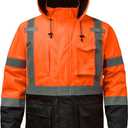 Reflective Jacket, High Visibility Parka, Waterproof Hi Vis, Safety Jacket with Removable Hood and Zipper, ANSI Class 3 (Orange,2XL)