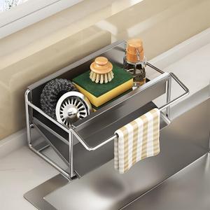 Kitchen Sink Sponge Rack, Self Draining Kitchen Sink Storage Rack, Rust-Proof Stainless Steel Dish Sponge Storage Rack (with Dish Cloth Rack), Bathroom Soap Dispenser Storage, Gray