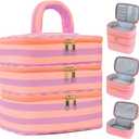 Three Layer Makeup Bag for Women Fashion Stripes Cosmetic Bag Preppy Style Travel Water-Resistant Toiletry Bag for Storage Toiletries Cosmetics Sets for Women Teen Girls Purple (EXP 12/30/36)