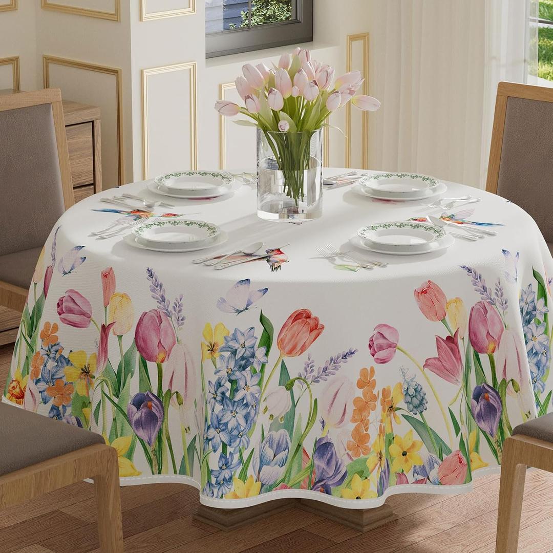 XCHI Wildflowers Tulips Flowers Spring Tablecloth Round Summer Table Cloth Washable Table Covers for Indoor Dining Home Party Decorations 60x60 Inch