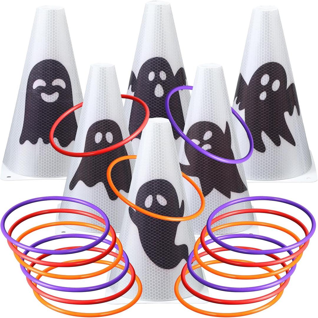 Leitee 6 Sets Candy Corn Ring Toss Game Plastic Cones Ring Toss Combo Set Mini Traffic Cones Toss Game for Sports Training Garden Backyard Outdoor Activities (Red Purple Orange)