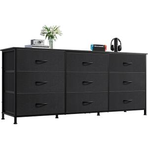 WLIVE 54''W Dresser for Bedroom, Black Dresser TV Stand for 55, 60, 65 inch TV, Wide Chest of Drawers with 9 Drawer, Large Entertainment Center, Fabric Dressers with Wood Top for Closet, Living Room