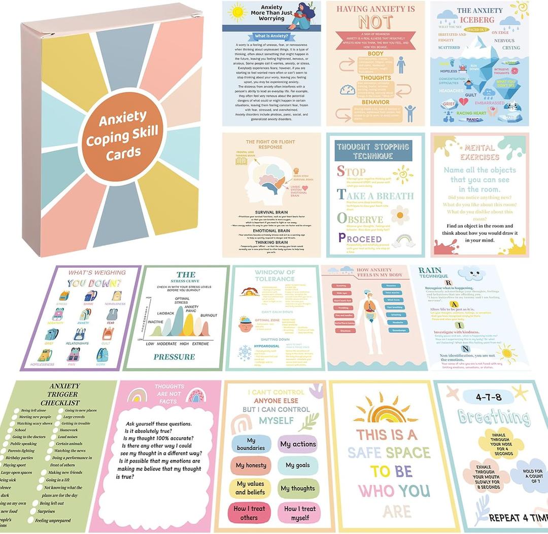 72 Pcs Anxiety Coping Skill Cards 4.7 x 3.7 Inches Social Anxiety Relief & Self Care Flashcard with Color Packaging Box Coping Strategy Therapy Cards for Family University and Office