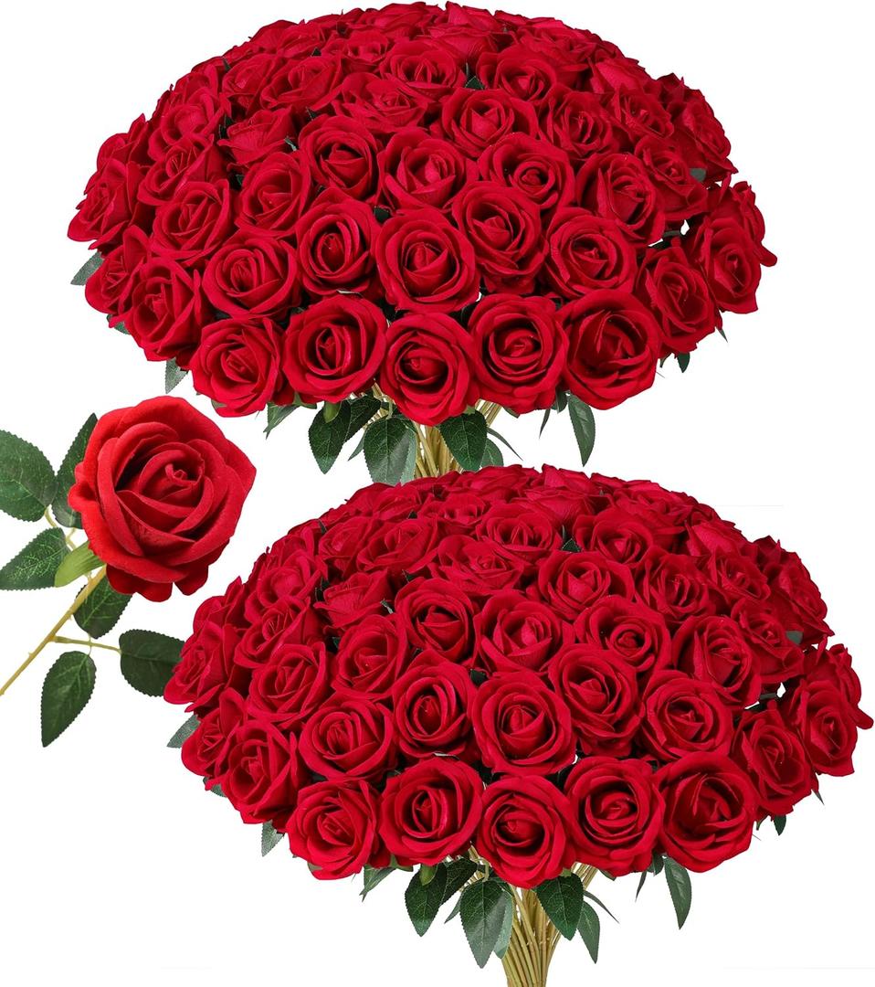 HyeFlora 50 PCS Red Roses Artificial Flowers, Fake Roses with Stems Realistic Silk Roses for DIY Wedding Bouquets Tables Centerpieces Arrangements Party Baby Shower Birthday Home Decor Gift for Her