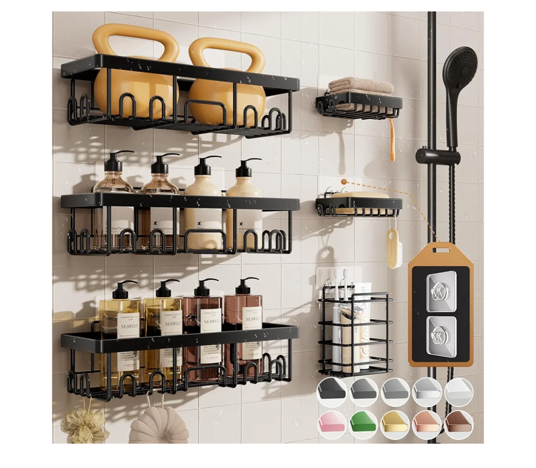 Veken Shower Caddy 6-Pack, Advanced Rustproof Design, No Drilling Adhesive Shelves, Rack with Soap Holder, Large Capacity Bathroom Organizers and Storage, Wall-Mounted Kitchen & Home Decor