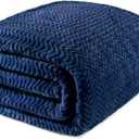 Exclusivo Mezcla Soft Fleece Blanket Queen Size, Cozy Lightweight Blankets with Decorative Wave Textured Suitable for All Season Use, Navy Blue, 90x90 Inches