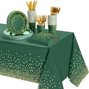 Tegeme 256 Pcs Graduation Dark Green and Gold Dot Party Supplies Decoration Paper Plates Birthday Napkin Cup Set Disposable Emerald Tablecloth Fork Knives Spoon Serve 36 Guest for Wedding Baby Shower