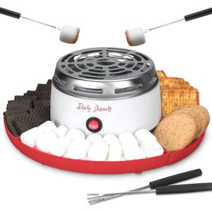 Electric Smores Maker Tabletop Indoor Kit, Indoor Marshmallow Roaster, Smores Station with 4 Compartment Trays & 4 Forks, Great Gift for Adults and Kids in Holidays and Parties (Red)