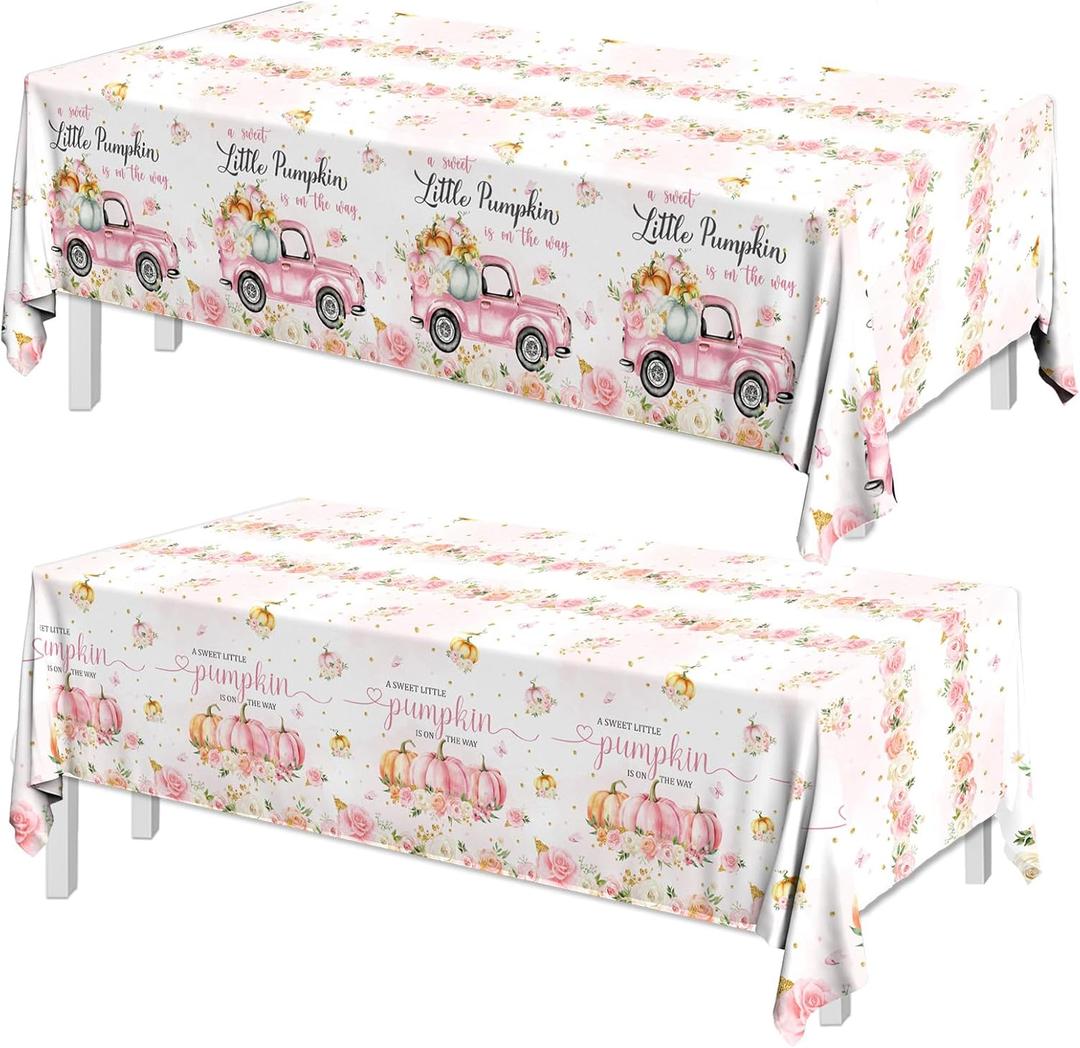 Little Pumpkin Baby Shower Table Cloths,Plastic A Little Pumpkin is On The Way Tablecloth Rectangle Pink PUM pkin Table Cloths for Girl Fall Baby Shower Party Supplies