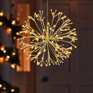 Christmas Hanging Starburst Lighted Branches, Pre-Lit 24'' Dia Gold Starry with 160PCS Warm White LED Twinkle Hanging Ball Light Plug in Indoor
