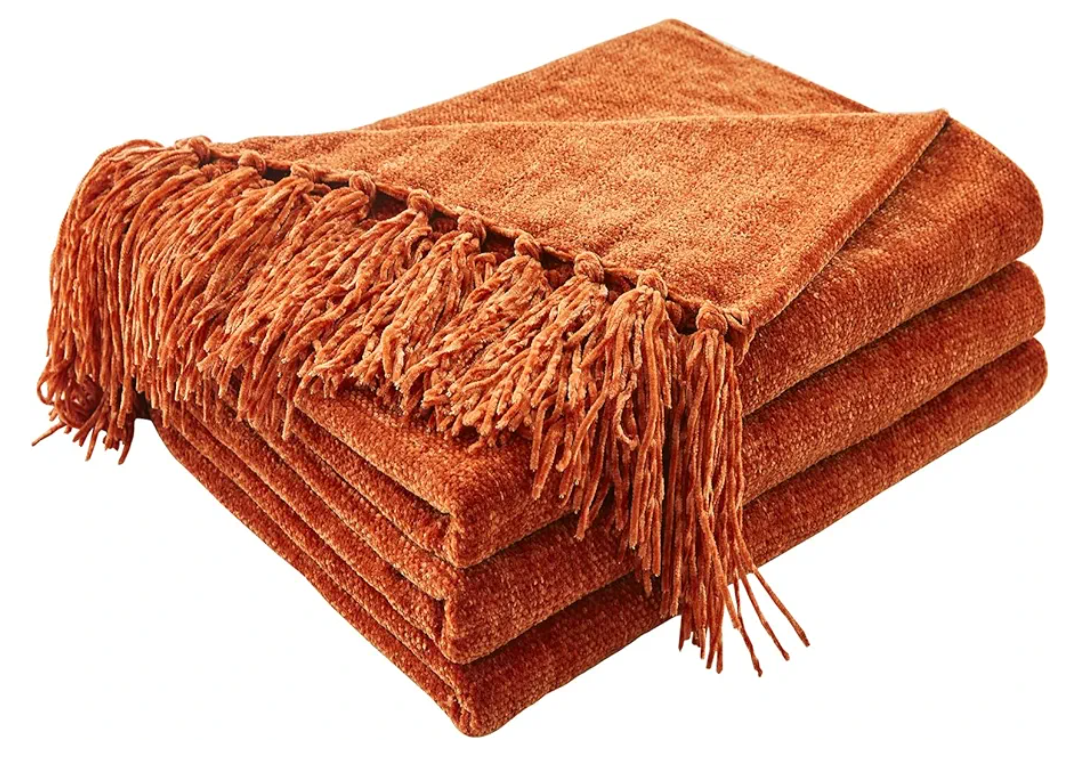 CozeCube Chenille Throw Blanket for Couch, Cozy Plush Fuzzy Decorative Rust Orange Blanket with Fringe Tassels, Lightweight Throws for Bed Sofa Gift Home Decor, 50"X60"