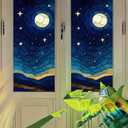 Moon Star Window Film Night Sky Stained Glass Style Privacy Panel Static Cling Decorative Cover for Bedroom Door Reading Nook 17.7x39.3 inch