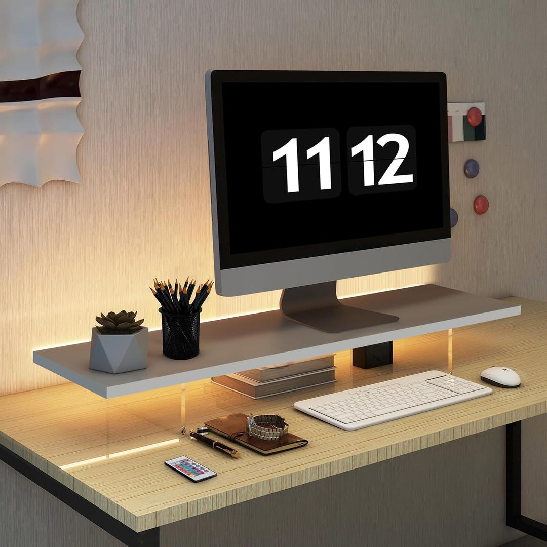 Monitor Stand Riser,Wood & Acrylic Computer Monitor Stand with LED Light,Desk Accessories Desktop Organizer Stand for Computer,Laptop,Printer,PC & TV Screen Riser, 31.5 x 7.9 x 5 inches