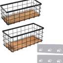 TIEYIPIN Black Metal Wire Storage Baskets with Wood Bottoms, Bathroom Storage Organizer Basket Bins, Set of 2 - Includes 2 Bonus Adhesive Hooks for Easy Wall Mounting