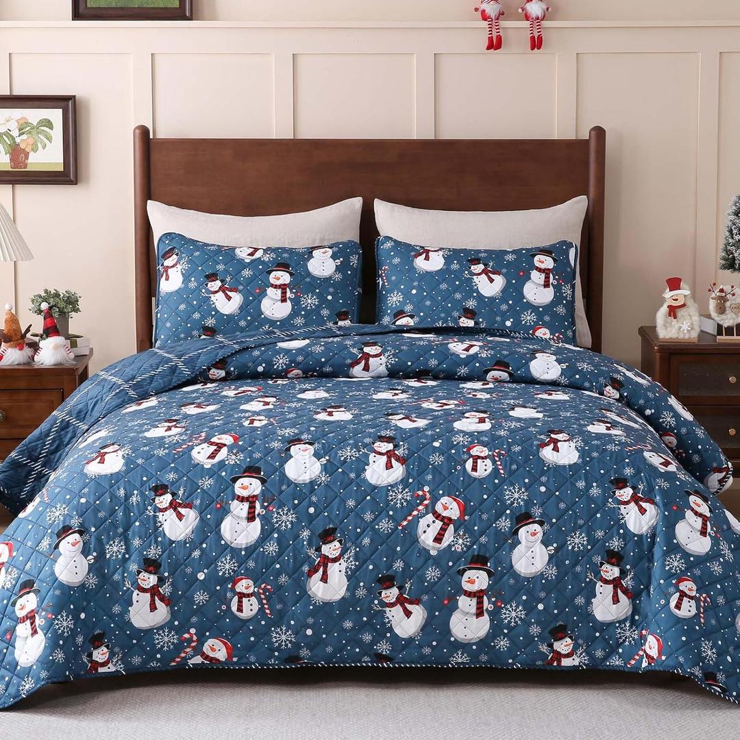 Invoibler Christmas Quilt Set King Size 3PC Snowman Snowflake Bedding Set Reversible Winter Blue Plaid Holiday Quilts Xmas Bedspread Coverlet (1 Quilt, 2 Pillow Shams)