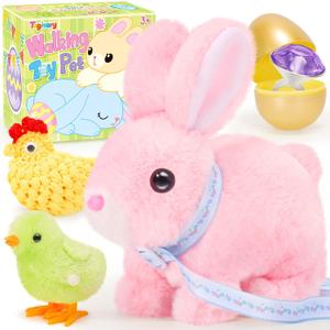 Tagitary Plush Toys Walking Bunny for Kids,Easter Stuffed Bunny with Sounds,Interactive Toys with Leash,Golden Egg,Wind Up Toy, Can Hop,Wiggle Ears,Twitch Nose,Ideal Easter Gifts for Toddlers (Pink)