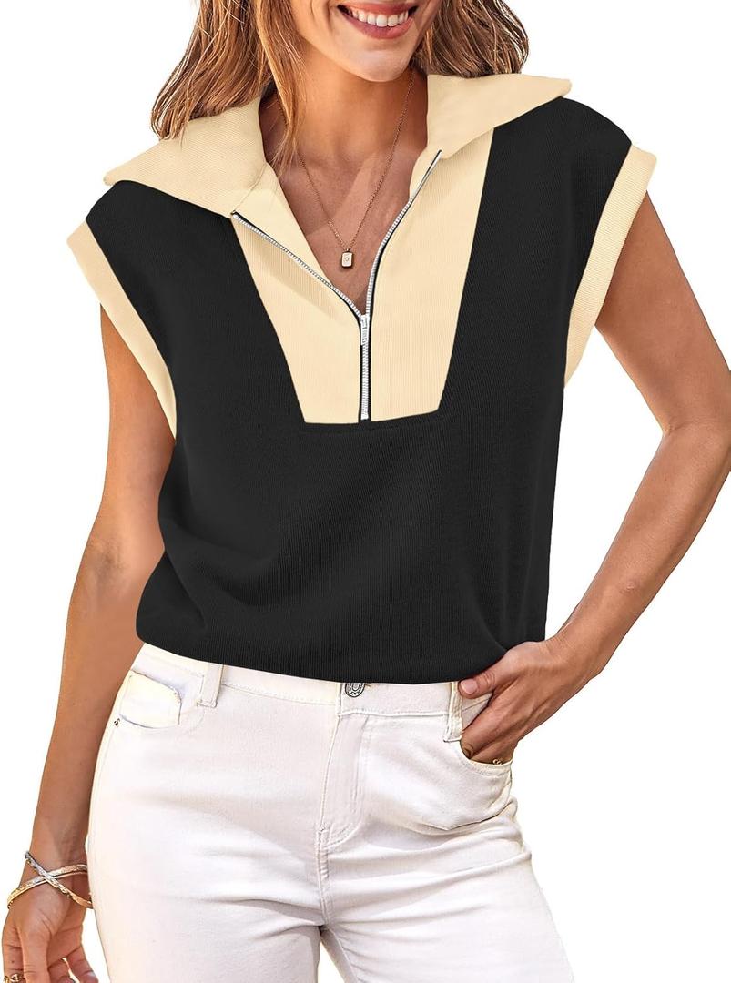 Fisoew Womens Half Zip Sweatshirts Short Sleeve Color Block Lapel V Neck Loose Summer Pullover Tops (Large, Black)