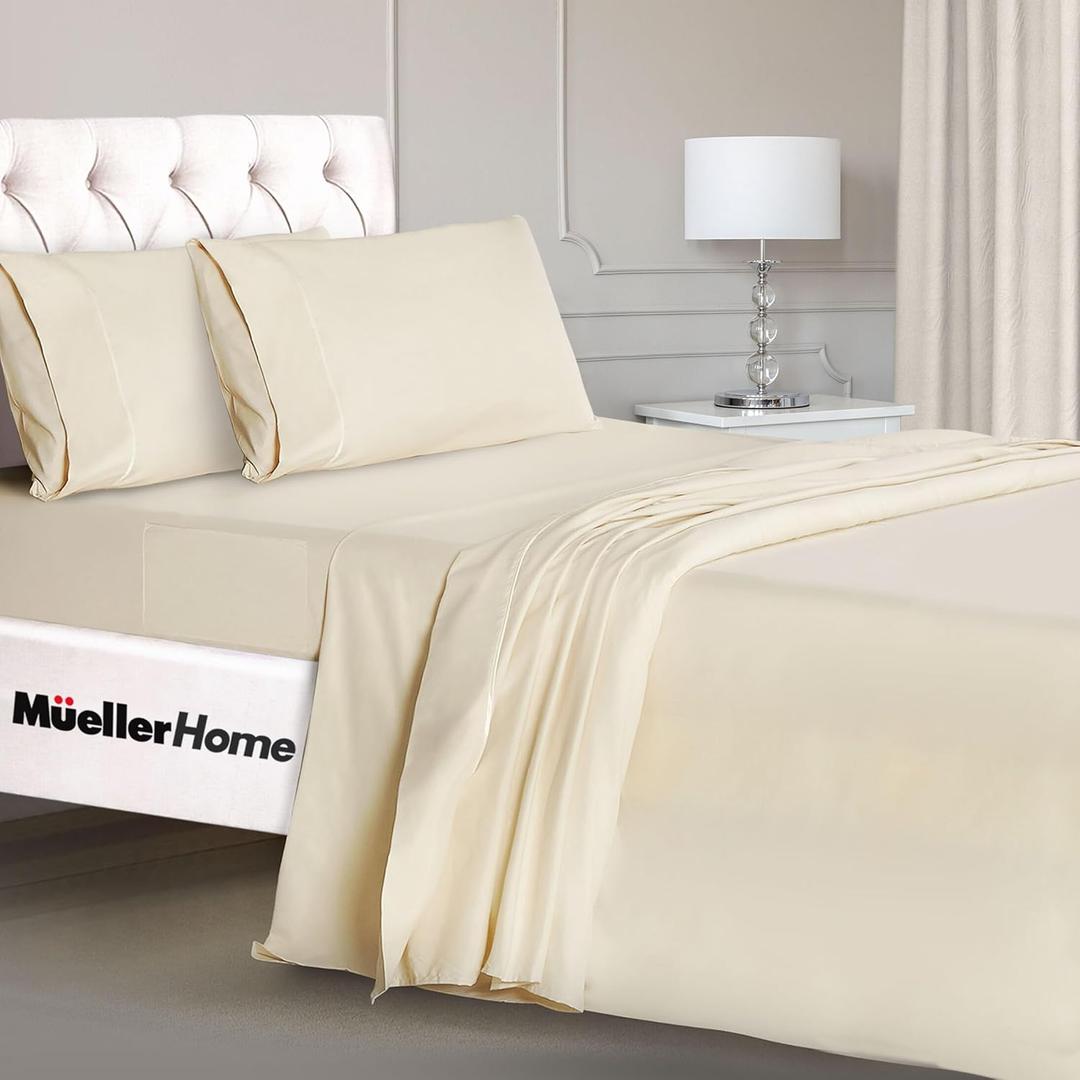 Mueller Luxury 4 Piece Twin Sheets Set - Ultra-Soft 1800 Series, Cooling & Breathable Twin Bed Sheets Sets, Hotel Quality Bedding, Deep Pocket up to 16" - Hypoallergenic, Wrinkle-Resistant, Cream