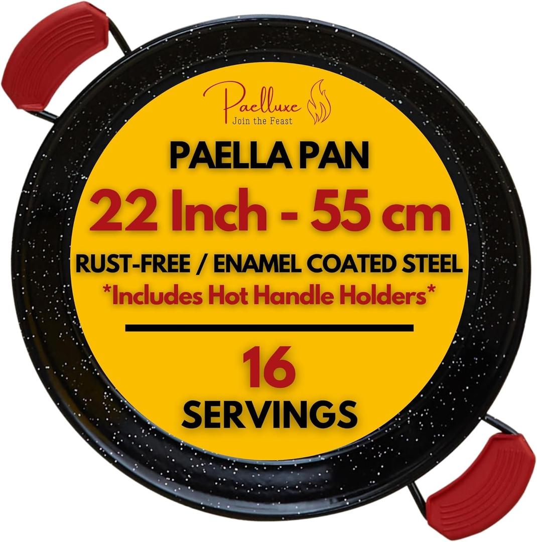 Paella Pan  Enamelled, No-Rust Steel Skillet  Easy-to-Clean Pan for Propane & Gas Burners  Indoor & Outdoor Cooking Cacerola Paellera Sarten  22 Inch, for 16 Servings