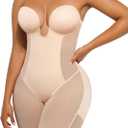 SHAPELLX Strapless Shapewear for Women Deep Plunge Corset Tummy Control Backless Bodysuit Mid Thigh Full Body Shaper (Beige, L)