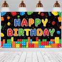 Panelee Building Block Birthday Banner Building Blocks Party Backdrop Decoration Happy Birthday Banner Photography Background for Party, 72.8 x 43.3 Inch(Black)