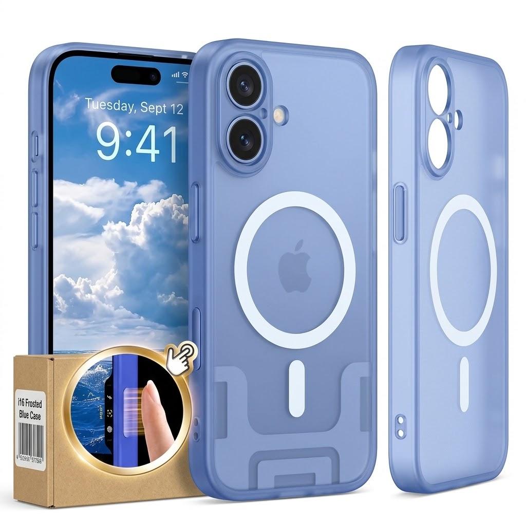 Frosted translucent iPhone case featuring an integrated magnetic ring (MagSafe compatible) for iPhone 16 or iPhone 16 Plus