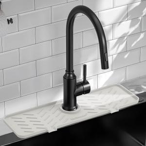 Meiliweser Silicone Faucet Mat for Kitchen Sink Gen 2 Splash Guard with Upgraded Outlet & Slope 18 x 5.1 Water Catcher & Sink Sponge Holder for Kitchen and Bathroom (Beige)