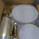 N9R 600PCS Disposable Plastic Plates, Gold Plastic Dinnerware Set Includes 100 Dinner Plates, Dessert Plate, Cups, Spoons, Forks, Knives for 100 Guests, Perfect for Party, Wedding, Birthday