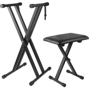 Keyboard Stand Piano Bench Set, Double X Adjustable Keyboard Stand Piano Stand with Lockable Straps, (Piano Keyboard Stand x 1, Piano Bench x 1), (7 Adjustable Heights), Black