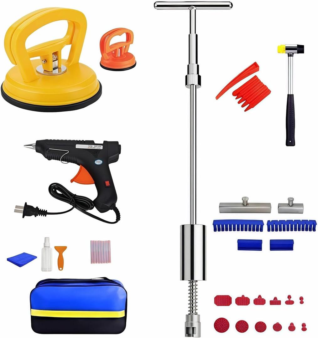 Professional Paintless Dent Repair Kit: 100W Heavy Duty Glue Gun & Slide Hammer T-Bar, 4-in-1 System with Glue Tabs & Suction Cups for Car Hail Damage and Door Ding Repair, DIY Auto Body Tool Set