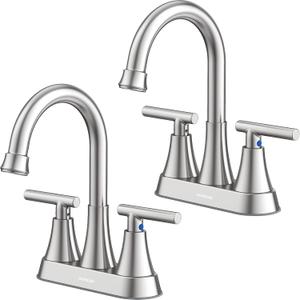 Bathroom Faucets for Sink 3 Hole, Hurran 4 inch Brushed Nickel Bathroom Sink Faucet with Pop-up Drain and Supply Hoses, Stainless Steel Lead-Free Centerset Faucet for Vanity RV, 2 Pack