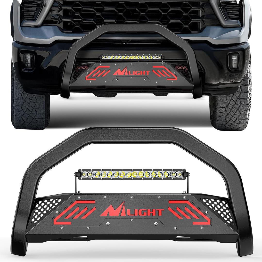 Nilight Bull Bar with Light fits 2019-2024 Chevy Silverado 1500(Excl. 19 LTD Classic) & GMC Sierra 1500(Excl. 19 LTD Classic) Front Bumper Grille Brush Push Guard with Skid Plate Licence Plate Hole