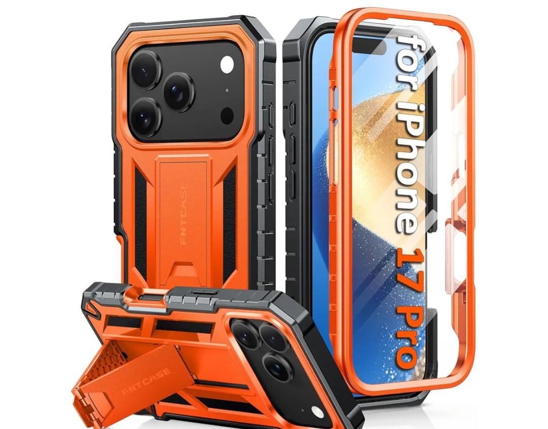 FNTCASE for iPhone 17 Pro Case: Military Grade Drop Proof Protection Mobile Cover with Kickstand | Matte Textured Rugged Shockproof TPU | Protective Sturdy iPhone 17 Pro Phone Cases 2025 - Orange
