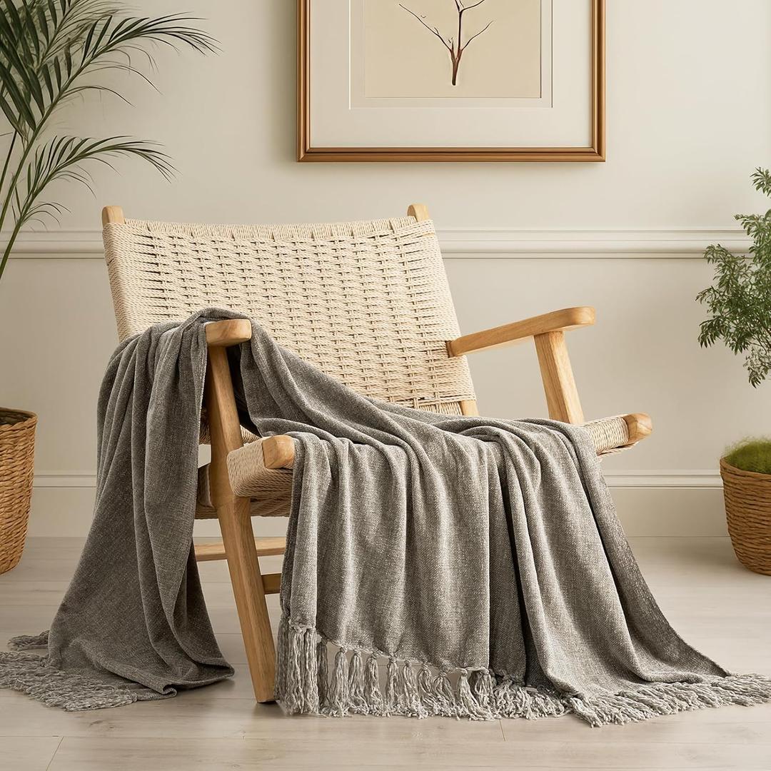 EVERGRACE Soft Chenille Throw Blanket for Couch, Cozy Plush Fuzzy Decorative Chenille Knit Throw Blanket with Tassels, Lightweight Blanket and Throws for Bed Sofa Gift Home Decor, Taupe 60"x80"