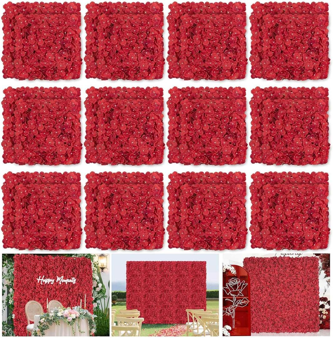 Red Backdrop Flowers Wall Panels: 5ft x 7.5ft Floral Backdrop Artificial Flower Wall Decor for Baby Shower Wedding Photo Background Decoration (24 Pcs 15 x 15 Inch)