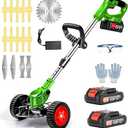 Electric Weed Wacker Cordless with Wheels, 2pcs Batteries&4 Types Blades,Lightweight, Low Noise 21V Battery Powered Weed Wacker, 3-in-1 Grass Trimmer/Brush Cutter/Edger, for Thick Weeds&Yard Garden