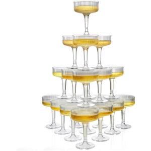 Goodluck 4-Tier Champagne Glasses - 20 PCS 7oz Clear Plastic Champagne Flutes, Plastic Coupe Glasses with Vertical Stripes for Weddings, Celebrations, Parties & Birthdays, 10.24 inches x 7.28 inches