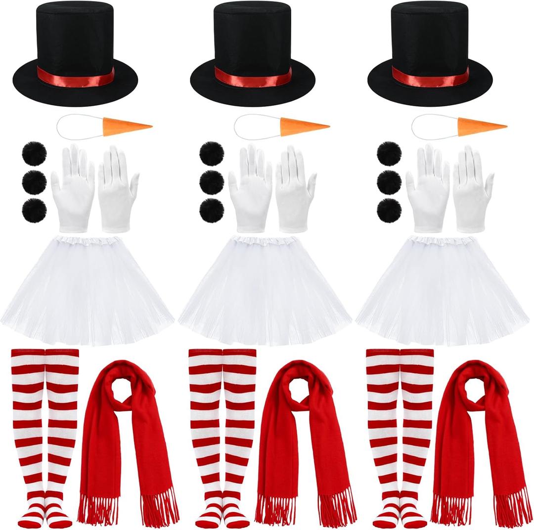 3 Sets Women Christmas Snowman Costume Kit Snowman Hat Tutu Skirt Carrot Nose Gloves Scarf Balls Striped High Socks for Women Party Christmas Accessories Cosplay