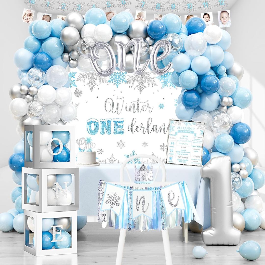 Winter Onederland Birthday Decorations, Winter Onederland 1st Birthday Decoration for Boy, Snowflake Photo Banner Highchair Banner Balloon Garland Balloon Box for WinterWonderland Snowflake Baby First Bday Party