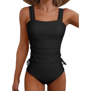 Womens Retro Ruched Two Piece Strappy Tummy Control Swimwear Tie Side Tankini Bathing Suit Set, Black, Size S