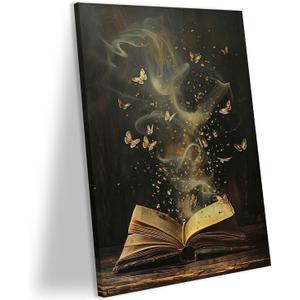 Framed Black College Style Mysterious Book Canvas Wall Art Fantasy Butterfly Poster Print Picture Artwork Magic Story Book Canvas Painting Living Room Bedroom Gallery Decor 24x16 Inch Ready To Hang