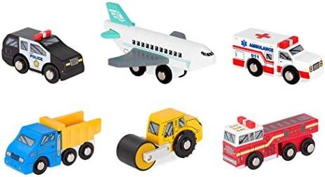 Battat – Miniature Toy Cars – 6 Pieces Wooden Minis – Classic Rescue & Construction Vehicles – Steamroller, Dump Truck – 3+ Years– Wooden Vehicles Set 2